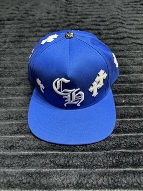 Chrome Hearts Royal Blue Snapback Hat with White Cross Embroideries